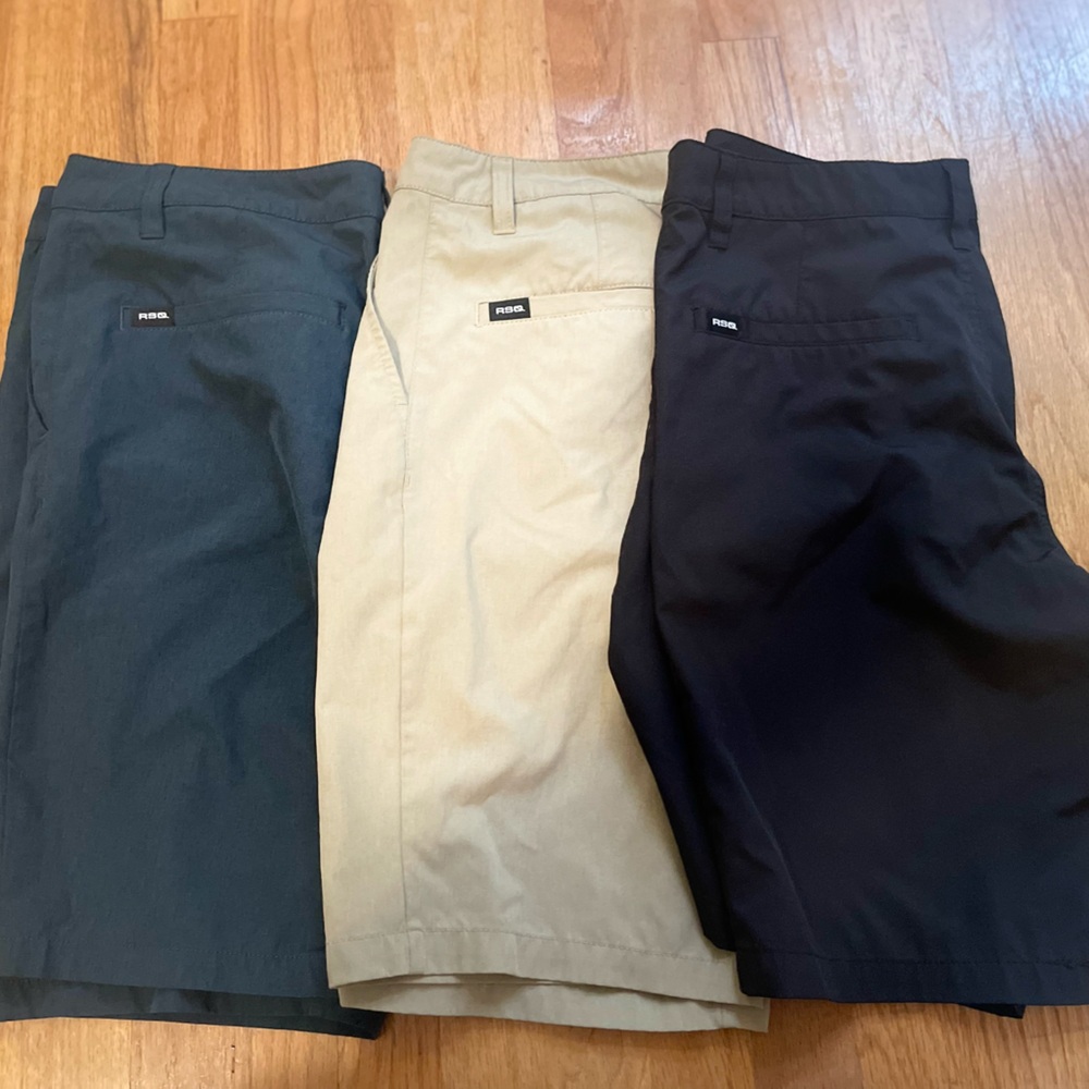 Big Boys RSQ hybrid shorts 3 pack in Navy, Black, and Tan. Boys size 16